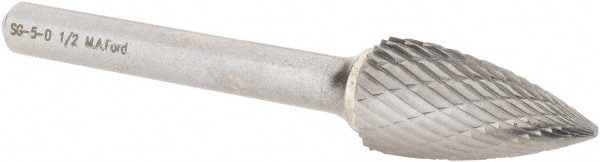 M.A. Ford - 1/2" Cut Diam, 1/4" Shank Diam, Tree Head Double Cut Burr - Carbide, Point End, 1" LOC, 3" OAL - Exact Tooling
