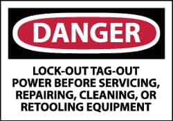 NMC - Accident Prevention Label, Header: DANGER - Legend: Danger - Lock Out, Tag-out Power Before Servicing, Repairing, Cleaning, or Retooling Equipment, English, Red, Black & White, 5" Long x 3" High, Sign Muscle Finish - Exact Tooling