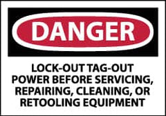 NMC - Accident Prevention Label, Header: DANGER - Legend: Danger - Lock Out, Tag-out Power Before Servicing, Repairing, Cleaning, or Retooling Equipment, English, Red, Black & White, 5" Long x 3" High, Sign Muscle Finish - Exact Tooling