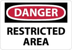 NMC - "Danger - Restricted Area", 10" Long x 14" Wide, Pressure-Sensitive Vinyl Safety Sign - Rectangle, 0.004" Thick, Use for Security & Admittance - Exact Tooling