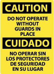 NMC - "Caution - Do Not Operate without Guards in Place", 20" Long x 14" Wide, Pressure-Sensitive Vinyl Safety Sign - Rectangle, 0.004" Thick, Use for Accident Prevention - Exact Tooling
