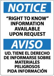 NMC - "Notice - Right to Know Information Available upon Request", 14" Long x 10" Wide, Rigid Plastic Safety Sign - Rectangle, 0.05" Thick, Use for Security & Admittance - Exact Tooling