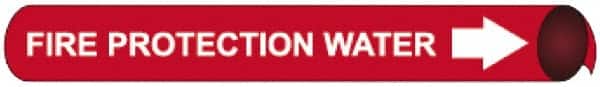 NMC - Pipe Marker with Fire Protection Water Legend and Arrow Graphic - 1-1/8 to 2-3/8" Pipe Outside Diam, White on Red - Exact Tooling