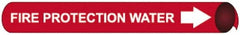 NMC - Pipe Marker with Fire Protection Water Legend and Arrow Graphic - 1-1/8 to 2-3/8" Pipe Outside Diam, White on Red - Exact Tooling