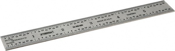 Fowler - 6" Long, 1/64, 1/32" and 0.5, 1mm Graduation, Rigid Steel Rule - English/Metric Graduation Style, Silver - Exact Tooling