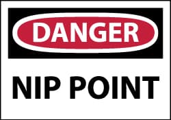 NMC - Accident Prevention Label, Header: DANGER - Legend: Danger - Nip Point, English, Red, Black & White, 5" Long x 3" High, Sign Muscle Finish - Exact Tooling