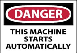NMC - Accident Prevention Label, Header: DANGER - Legend: Danger - This Machine Starts Automatically, English, Red, Black & White, 5" Long x 3" High, Sign Muscle Finish - Exact Tooling