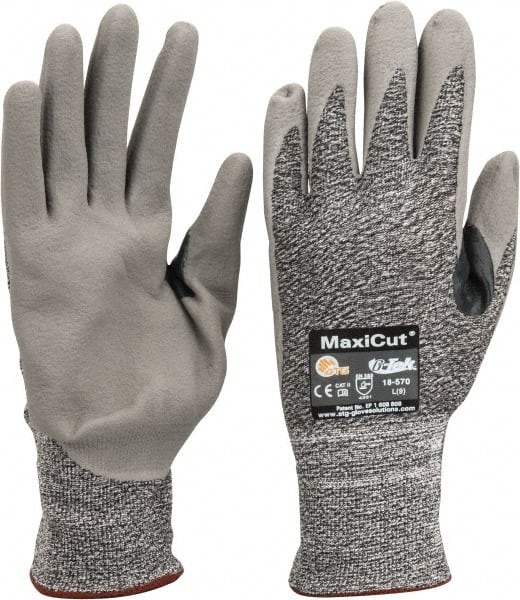 ATG - Size L (9), ANSI Cut Lvl A2, Abrasion Lvl 4, Nitrile Coated Cut Resistant Gloves - Palm & Fingers Coated, Nylon with Glass/Polyester/Lycra Lining, Knit Wrist, Gray/Green, Paired - Exact Tooling