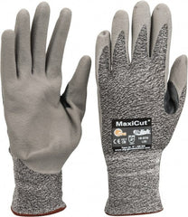 ATG - Size L (9), ANSI Cut Lvl A2, Abrasion Lvl 4, Nitrile Coated Cut Resistant Gloves - Palm & Fingers Coated, Nylon with Glass/Polyester/Lycra Lining, Knit Wrist, Gray/Green, Paired - Exact Tooling