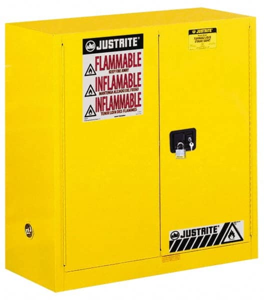 Justrite - 2 Door, 1 Shelf, Yellow Steel Standard Safety Cabinet for Flammable and Combustible Liquids - 44" High x 43" Wide x 18" Deep, Manual Closing Door, 3 Point Key Lock, 30 Gal Capacity - Exact Tooling