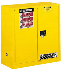 Justrite - 2 Door, 1 Shelf, Yellow Steel Standard Safety Cabinet for Flammable and Combustible Liquids - 44" High x 43" Wide x 18" Deep, Manual Closing Door, 3 Point Key Lock, 30 Gal Capacity - Exact Tooling