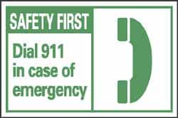 NMC - First Aid Label, Header: SAFETY FIRST - Legend: Safety First - Dial 911 in Case of Emergency, English, Green & White, 5" Long x 3" High, Sign Muscle Finish - Exact Tooling