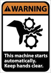 NMC - Accident Prevention Label, Header: WARNING - Legend: Warning - This Machine Starts Automatically - Keep Hands Clear, English, Black & Orange, 5" Long x 3" High, Sign Muscle Finish - Exact Tooling