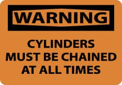 NMC - Accident Prevention Label, Header: WARNING - Legend: Warning - Cylinders Must Be Chained at All Times, English, Black & Orange, 5" Long x 3" High, Sign Muscle Finish - Exact Tooling