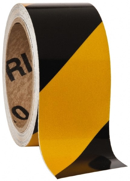 NMC - Black & Yellow Striped Vinyl Tape - 2" Wide x 30' Long x 0.002" Thick, General Traffic - Exact Tooling