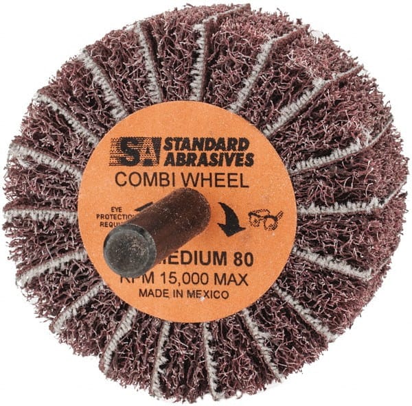 Standard Abrasives - 2" Diam x 1" Face Width, Medium Aluminum Oxide Coated Mounted Flap Wheel - 1/4" Shank Mount, 80 Grit, 15,000 Max RPM - Exact Tooling