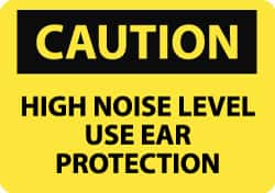 NMC - Accident Prevention Label, Header: CAUTION - Legend: Caution - High Noise Level - Use Ear Protection, English, Black & Yellow, 5" Long x 3" High, Sign Muscle Finish - Exact Tooling