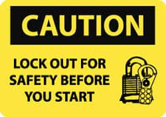 NMC - Accident Prevention Label, Header: CAUTION - Legend: Caution - Lock Out for Safety Before You Start, English, Black & Yellow, 5" Long x 3" High, Sign Muscle Finish - Exact Tooling