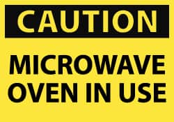 NMC - Accident Prevention Label, Header: CAUTION - Legend: Caution - Microwave Oven in Use, English, Black & Yellow, 5" Long x 3" High, Sign Muscle Finish - Exact Tooling