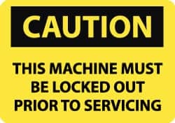 NMC - Accident Prevention Label, Header: CAUTION - Legend: Caution - This Machine Must Be Locked Out Prior to Servicing, English, Black & Yellow, 5" Long x 3" High, Sign Muscle Finish - Exact Tooling