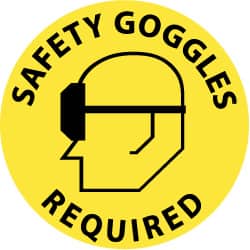 NMC - Safety Goggles Required, Anti-Skid Pressure-Sensitive Vinyl Floor Sign - Round, Black on Yellow, Adhesive Backed, For Accident Prevention - Exact Tooling