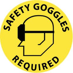 NMC - Safety Goggles Required, Anti-Skid Pressure-Sensitive Vinyl Floor Sign - Round, Black on Yellow, Adhesive Backed, For Accident Prevention - Exact Tooling
