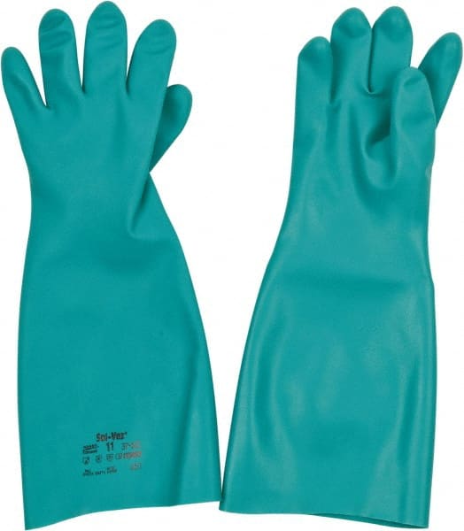 Ansell - Size 2XL (11), 18" Long, 22 mil Thick, Nitrile Chemical Resistant Gloves - Textured Finish, Straight Cuff, ANSI Abrasion Level 5, ANSI Cut Level 0, Green, FDA Approved - Exact Tooling