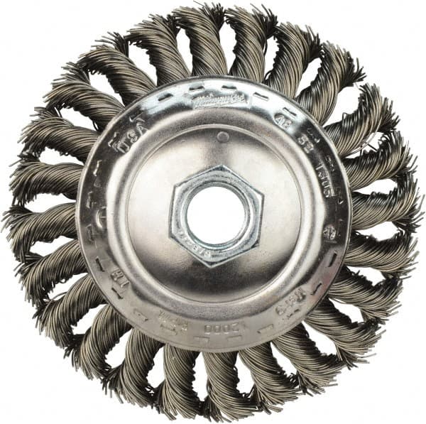 Milwaukee Tool - 4" OD, 5/8" Arbor Hole, Knotted Stainless Steel Wheel Brush - 3/8" Face Width, 3/4" Trim Length, 0.023" Filament Diam, 12,000 RPM - Exact Tooling