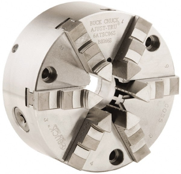 Buck Chuck Company - 6 Jaws, 12" Diam, Self Centering Manual Lathe Chuck - Front Mount, Adjustable, 1,725 Max RPM, 4.14" Through Hole Diam, Forged Steel - Exact Tooling
