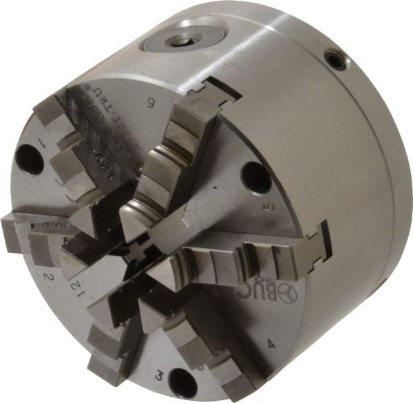 Buck Chuck Company - 6 Jaws, 4" Diam, Self Centering Manual Lathe Chuck - Front Mount, Adjustable, 4,725 Max RPM, 1.04" Through Hole Diam, Forged Steel - Exact Tooling
