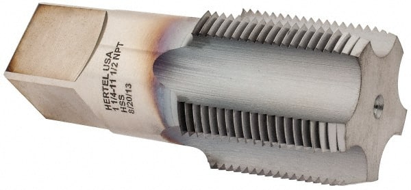 Hertel - 1-1/4 - 11-1/2 NPT Thread, 5 Flute Standard Pipe Tap - 4" OAL, 1-3/4" Thread Length, 1-5/16" Shank Diam, TiCN Finish, High Speed Steel - Exact Tooling