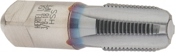 Hertel - 3/8-18 NPTF Thread, 4 Flute Standard Pipe Tap - 2-9/16" OAL, 1-1/16" Thread Length, 0.7" Shank Diam, TiCN Finish, High Speed Steel - Exact Tooling