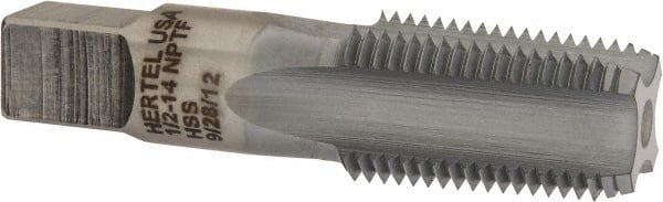 Hertel - 1/2-14 NPTF Thread, 4 Flute Standard Pipe Tap - 3-1/8" OAL, 1-3/8" Thread Length, 11/16" Shank Diam, Chrome Finish, High Speed Steel - Exact Tooling