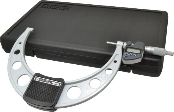 Mitutoyo - 8 to 9 Inch Range, 0.0001 Inch Resolution, Standard Throat, IP65 Electronic Outside Micrometer - 0.0002 Inch Accuracy, Ratchet Stop Thimble, Carbide Face, SR44 Battery, Data Output, Includes Certification of Inspection and Wooden Box - Exact Tooling