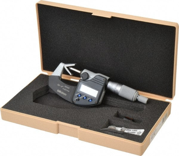 Mitutoyo - 0.05 to 0.6 Inch Measurement, Accuracy Up to 4 micro m, 3 Flutes Measured, Ratchet Stop Thimble, Electronic V Anvil Micrometer - 0.0001 Inch Resolution, Carbide, Data Output, SR44 Battery - Exact Tooling