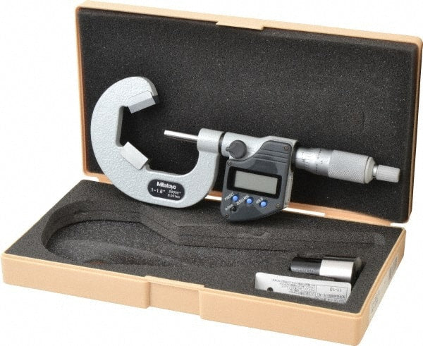 Mitutoyo - 1 to 1.6 Inch Measurement, Accuracy Up to 5 micro m, 3 Flutes Measured, Ratchet Stop Thimble, Electronic V Anvil Micrometer - 0.0001 Inch Resolution, Carbide, Data Output, SR44 Battery - Exact Tooling