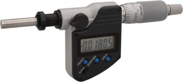 Mitutoyo - 0 to 25.4mm Range, 6.35mm Spindle Diameter, 156.5mm OAL, Flat Spindle Electronic Micrometer Head - 0.00005" Resolution, 0.0001" Accuracy, Carbide Measuring Face, Data Output - Exact Tooling