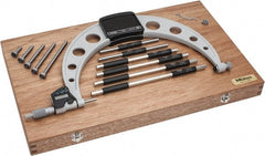 Mitutoyo - 6 Anvil, Electronic, 6 to 12 Inch Range, Carbide Face Interchangeable Anvil Micrometer - Ratchet Stop Thimble, 0.0001 Inch Resolution, 0.00016 + 0.00004 (L/3) Inch Accuracy, SR44 Battey, Includes 6 Anvils, 6 Standards and Fitted Wooden Case - Exact Tooling