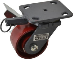 Hamilton - 4" Diam x 2" Wide x 5-5/8" OAH Top Plate Mount Swivel Caster with Brake - Cast Iron, 1,000 Lb Capacity, Roller Bearing, 4 x 5" Plate - Exact Tooling