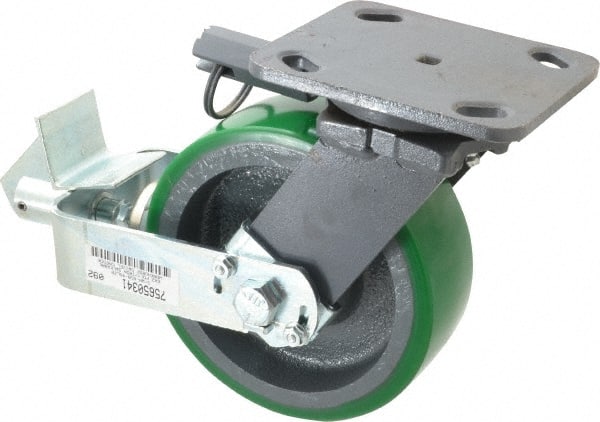 Hamilton - 6" Diam x 2" Wide x 7-1/2" OAH Top Plate Mount Swivel Caster with Brake - Polyurethane, 1,200 Lb Capacity, Precision Sealed Bearing, 4 x 5" Plate - Exact Tooling
