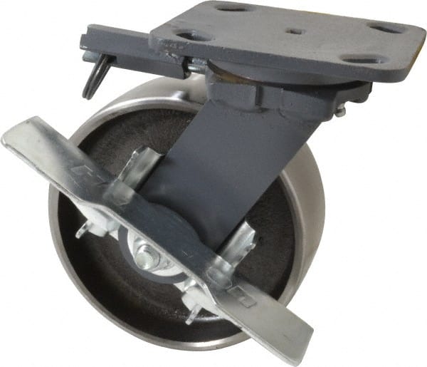Hamilton - 6" Diam x 2" Wide x 7-1/2" OAH Top Plate Mount Swivel Caster with Brake - Forged Steel, 2,000 Lb Capacity, Roller Bearing, 4 x 5" Plate - Exact Tooling