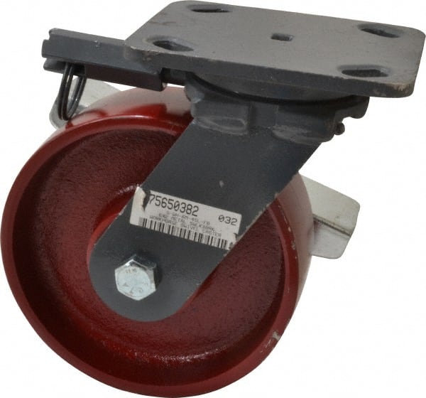 Hamilton - 6" Diam x 2" Wide x 7-1/2" OAH Top Plate Mount Swivel Caster with Brake - Cast Iron, 1,400 Lb Capacity, Roller Bearing, 4 x 5" Plate - Exact Tooling