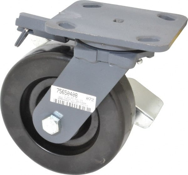 Hamilton - 6" Diam x 2" Wide x 7-1/2" OAH Top Plate Mount Swivel Caster with Brake - Phenolic, 1,200 Lb Capacity, Roller Bearing, 4 x 5" Plate - Exact Tooling