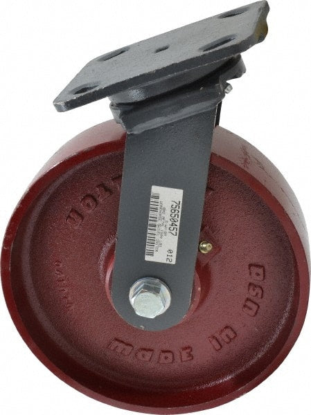 Hamilton - 8" Diam x 2" Wide x 9-1/2" OAH Top Plate Mount Swivel Caster - Cast Iron, 1,500 Lb Capacity, Roller Bearing, 4 x 5" Plate - Exact Tooling