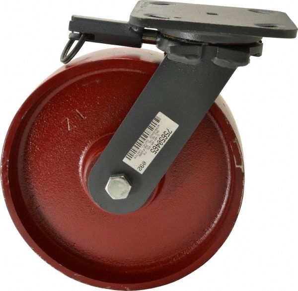 Hamilton - 8" Diam x 2" Wide x 9-1/2" OAH Top Plate Mount Swivel Caster with Brake - Cast Iron, 1,500 Lb Capacity, Roller Bearing, 4 x 5" Plate - Exact Tooling