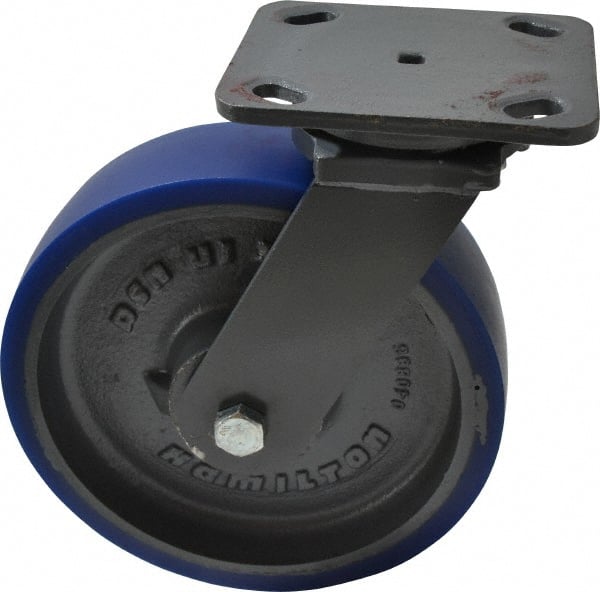 Hamilton - 8" Diam x 2" Wide x 9-1/2" OAH Top Plate Mount Swivel Caster - Polyurethane, 1,200 Lb Capacity, Precision Sealed Bearing, 4 x 5" Plate - Exact Tooling