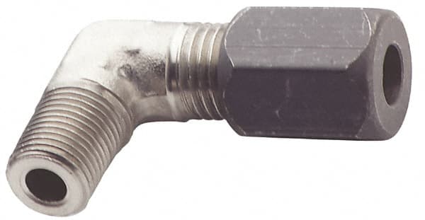 Made in USA - 3/8" OD, Grade 316Stainless Steel Male Elbow - -75 to 750°F, 3/4" Hex, Comp x MPT Ends - Exact Tooling