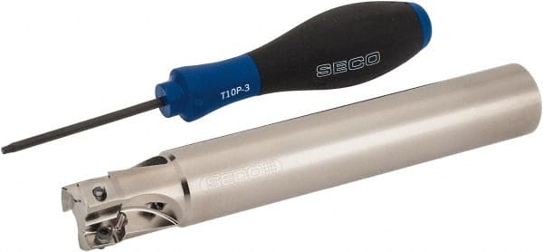 Seco - 1" Cut Diam, 0.433" Max Depth of Cut, 1" Shank Diam, 6.69" OAL, Indexable Square Shoulder End Mill - XO.X 1204 Inserts, Cylindrical Shank, 90° Lead Angle, Through Coolant, Series Super Turbo - Exact Tooling