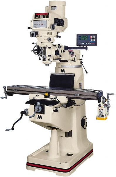 Jet - 9" Table Width x 42" Table Length, Variable Speed Pulley Control, 3 Phase Knee Milling Machine - R8 Spindle Taper, 3 hp - Exact Tooling