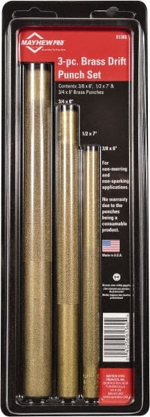 Mayhew - 3 Piece, 3/8 to 3/4", Drift Punch Set - Round Shank, Brass, Comes in Pouch - Exact Tooling